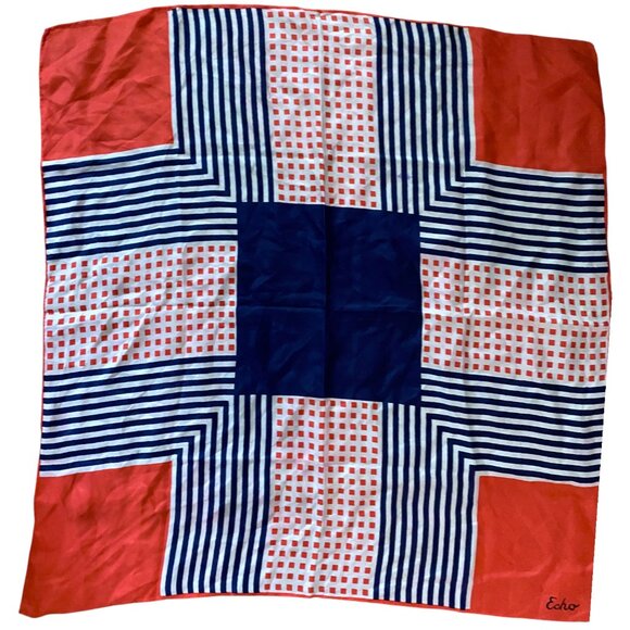 Vintage Echo Silk Scarf 26" Geometric Rolled Hem Blue White Red - Picture 1 of 4